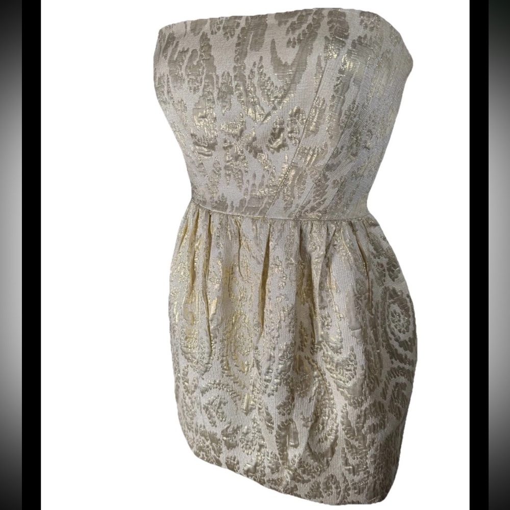 Shoshanna Strapless Floral Sweetheart Dress Size 2 Gold Metallic Glam Holiday